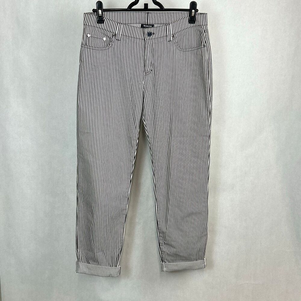 Worth New York Striped Pants Womens Sz 4 Black White Cuff Hem Stretch 26" Inseam